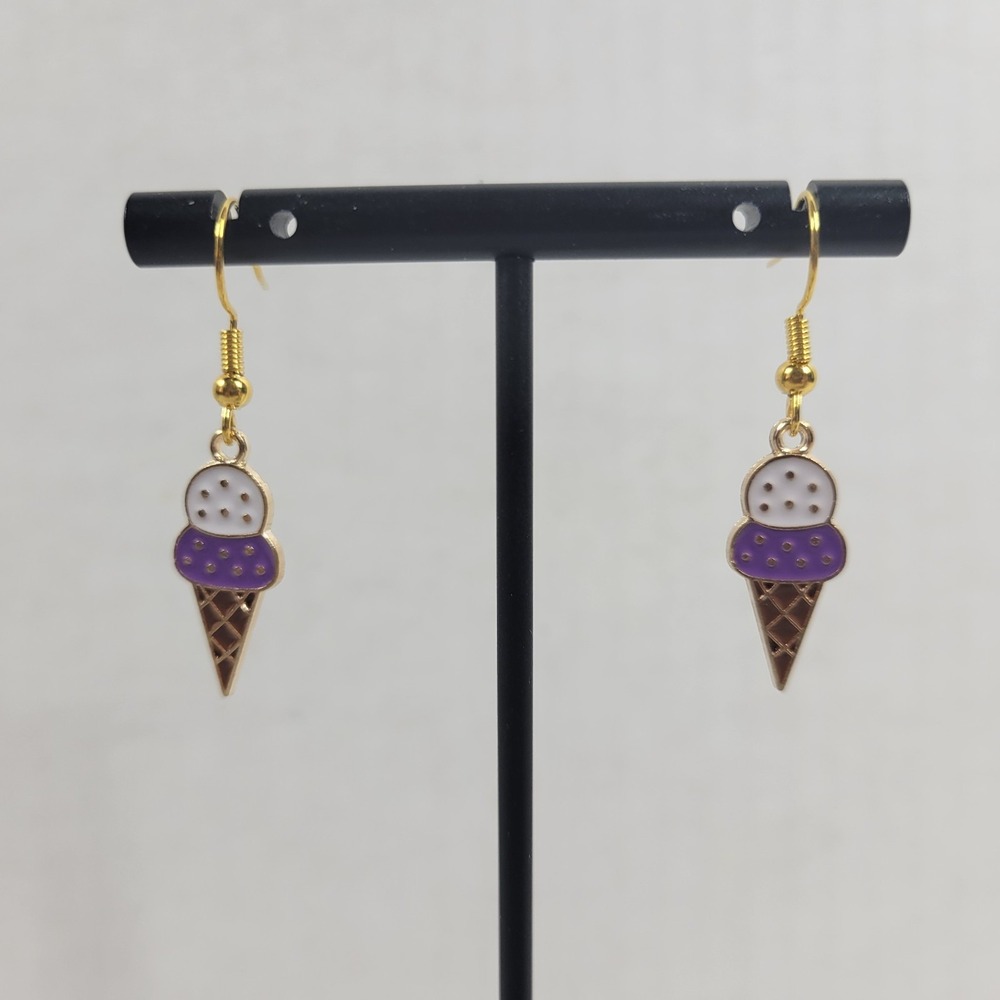 Cute Purple White Ice Cream Cone Dangle Drop Earrings Gold Tone Enamel Sweet Foo